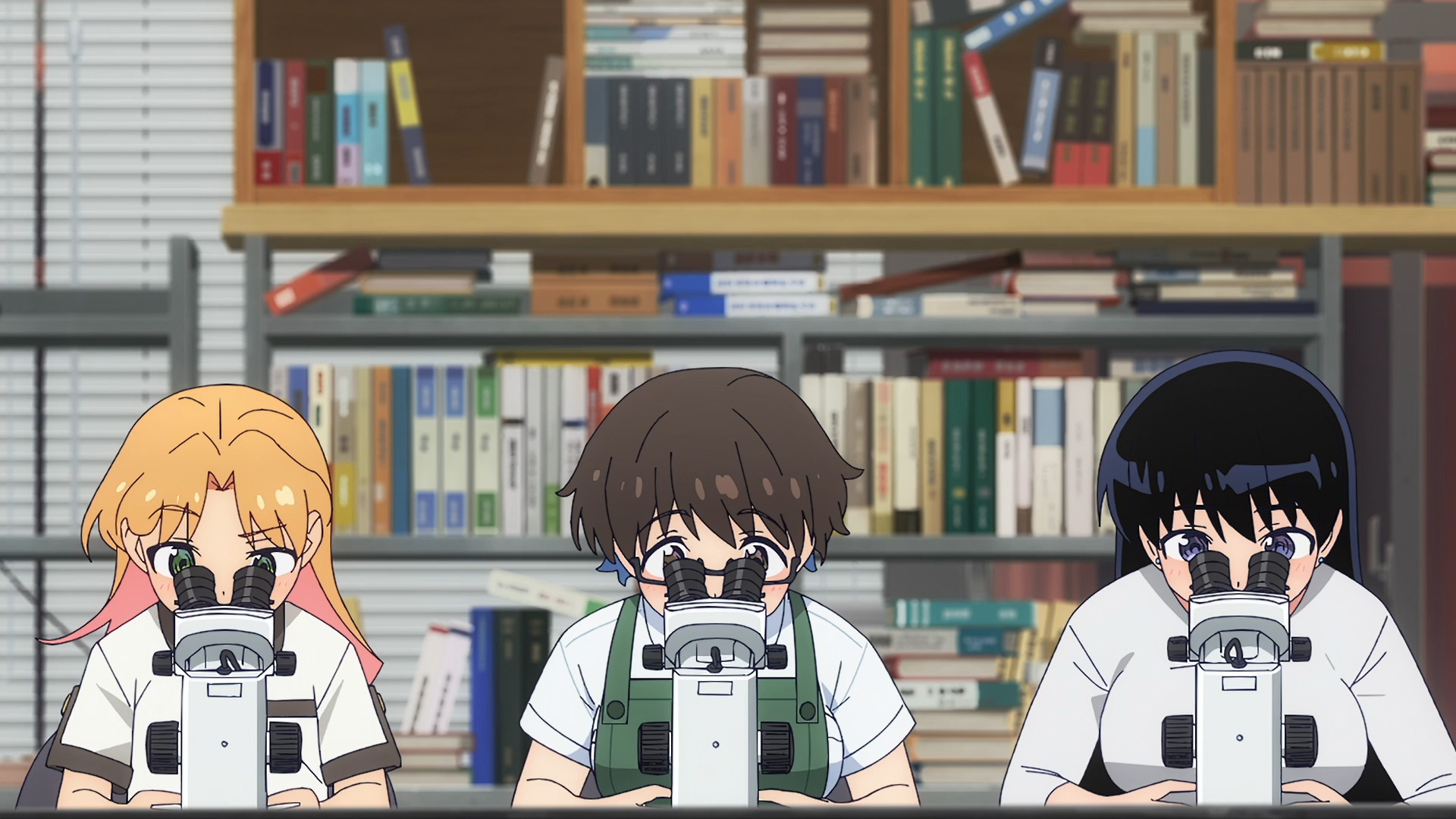 Ruri, Imari, and Nagi look through the final sand samples (episode 6)