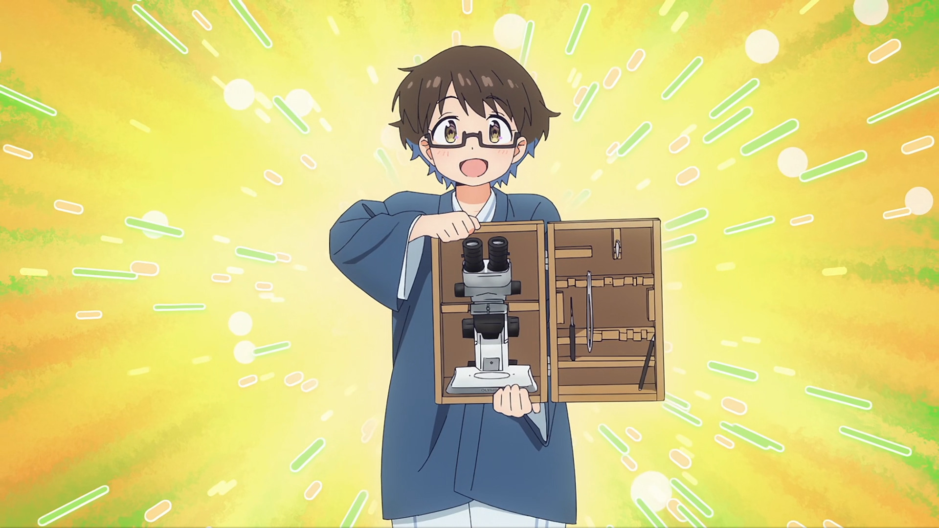 Imari proudly shows the microscope she brought on their hot springs trip (episode 13)